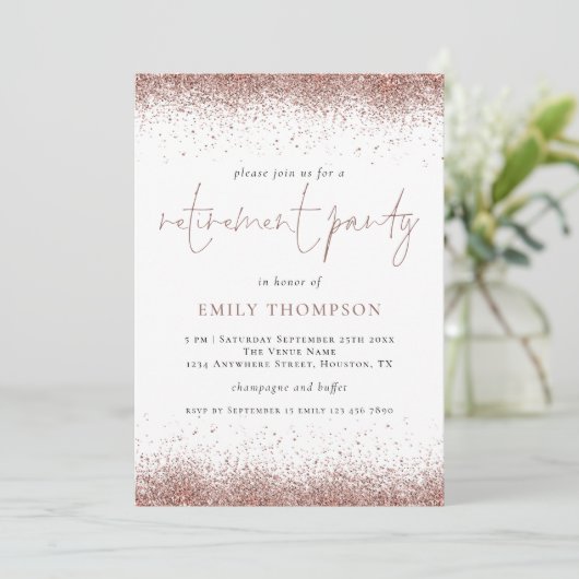 Elegantes Rose Gold Glitzer Retirement Party Einladung (Stehend Vorderseite)