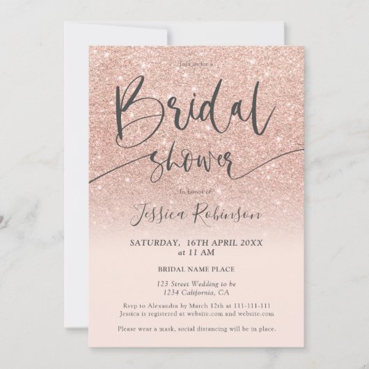 Elegantes Rose Gold Glitzer Script Brautparty Einladung (Vorderseite)