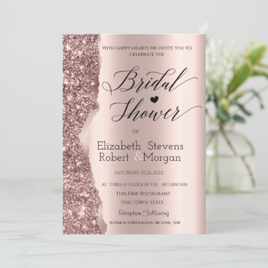 Elegantes Rose Gold Glitzer Script Brautparty Einladung (Stehend Vorderseite)