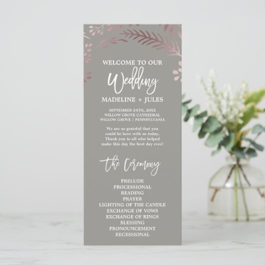 Elegantes Rose Gold & Gray Wedding Programm (Stehend Vorderseite)