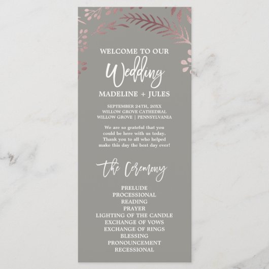 Elegantes Rose Gold & Gray Wedding Programm (Vorderseite)