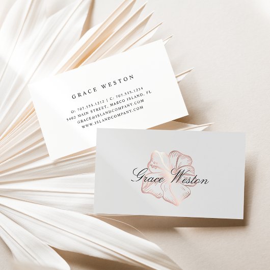 Elegantes Rose Gold Hibiskus Blume Script Visitenkarte