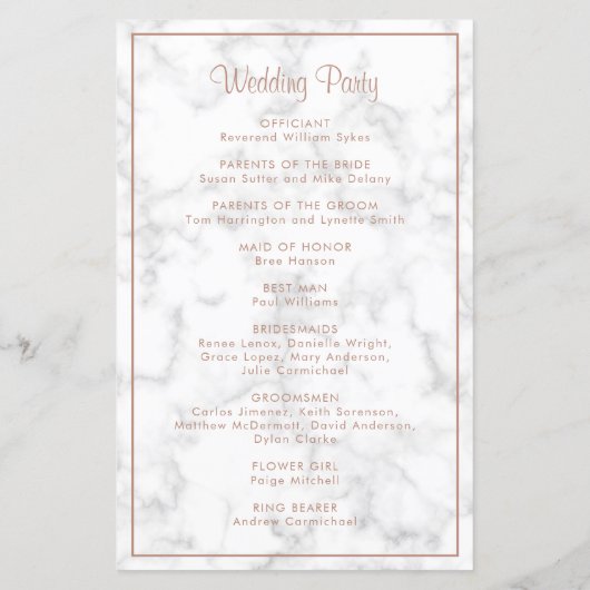 Elegantes Rose Gold Marble Modernes Hochzeitsprogr (Rückseite)