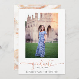 Elegantes Rose Gold Marble Script Abschluss Foto Ankündigung