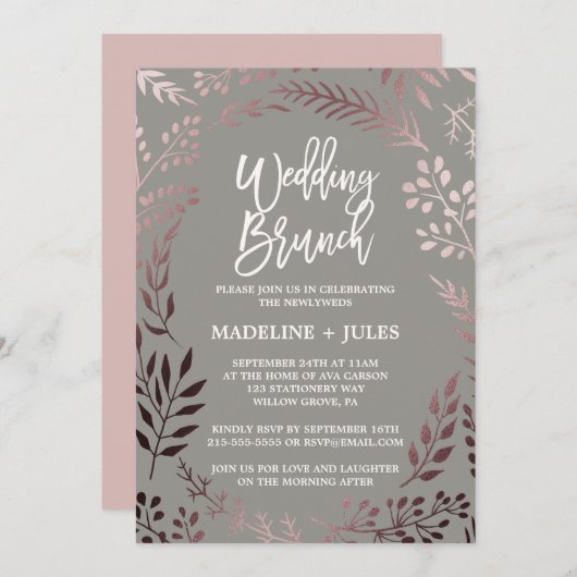 Elegantes Rose Gold und Gray Wedding Brunch Einladung (Vorne/Hinten)