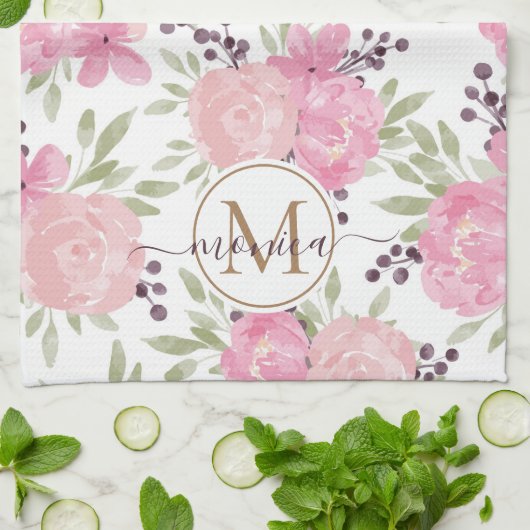 Elegantes Rose Muster Gold Mit Monogramm Geschirrtuch (Gefaltet)