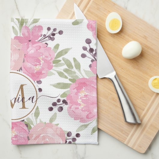 Elegantes Rose Muster Gold Mit Monogramm Geschirrtuch (Viertel Falte)