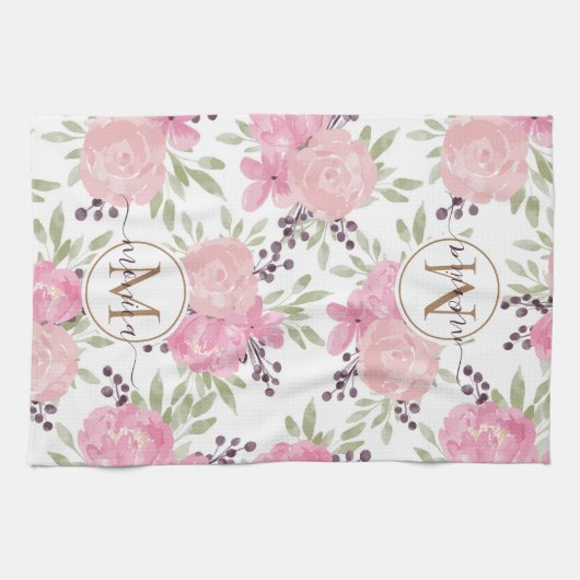 Elegantes Rose Muster Gold Mit Monogramm Geschirrtuch (Horizontal)