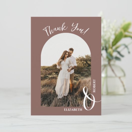 Elegantes Rose Taupe Wedding Foto Dankeskarte (Stehend Vorderseite)