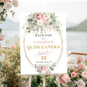 Elegantes Rosé und Gold Quinceañera Willkommenssch Poster
