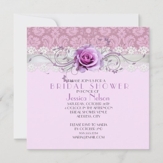 Elegantes Rose Wirbel Ribbon Damask Brautparty Einladung (Vorderseite)
