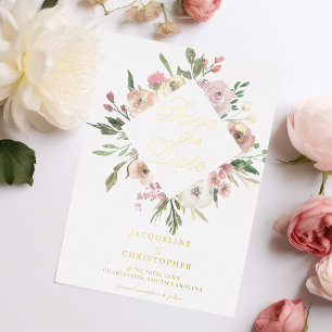 Elegantes Roségold Blumensave the Date Gold Folieneinladung