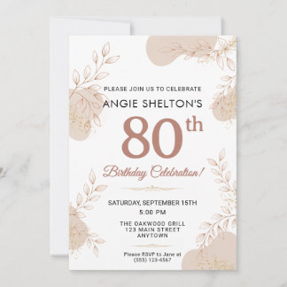 Elegantes Roségold Botanisch 80. Geburtstag Einladung