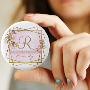 Elegantes Roségold Glitter-Rosen-Monogramm Button