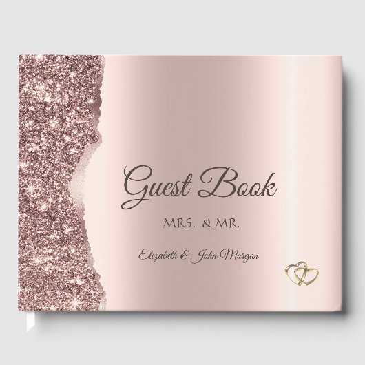 Elegantes Roségold-Glitter-Skript Gästebuch (Vorderseite)