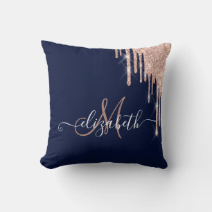 Elegantes Roségold-Glitter-Tropf Monogramm Navybla Kissen