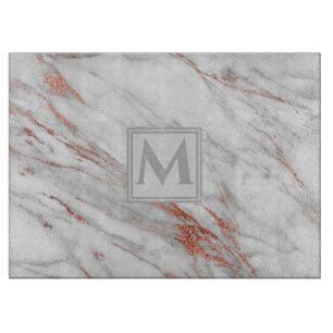 Elegantes Roségold Kupfer Weiß Marmor Monogramm Schneidebrett