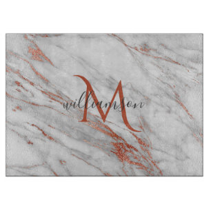 Elegantes Roségold Kupfer Weiß Marmor Monogramm Schneidebrett