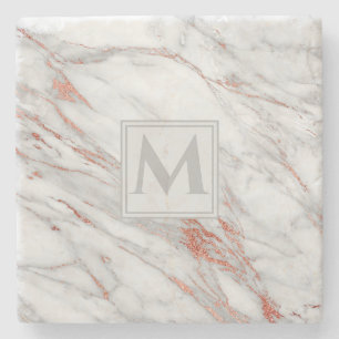 Elegantes Roségold Kupfer Weiß Marmor Monogramm Steinuntersetzer