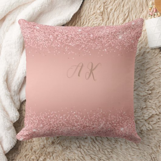 Elegantes Roségold Luxus-Schimmer Monogramm Kissen (Decke)