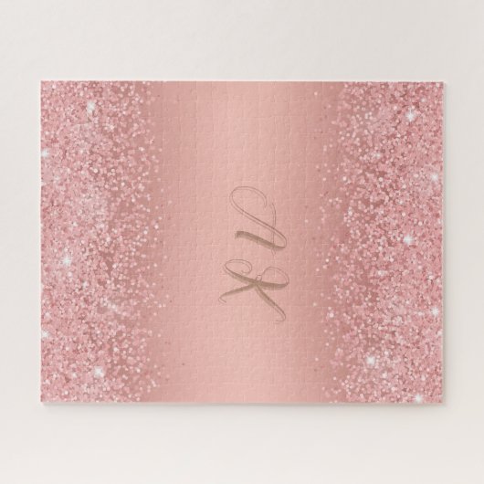 Elegantes Roségold Luxus-Schimmer Monogramm Puzzle (Horizontal)