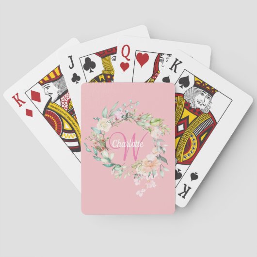 Elegantes Roségold-Schriftmonogramm Floral Spielkarten (Rückseite)
