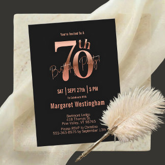 Elegantes Roségold Schwarze Typografie 70. Geburts Einladung