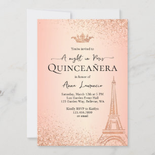 Elegantes Rosen-Gold Paris-Nacht-Thema Quinceanera Einladung