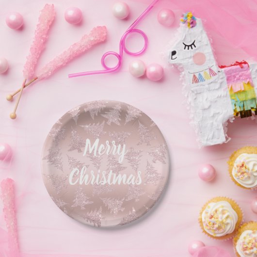 Elegantes Rosen-GoldGlitzer-Weihnachtsbaum-Muster Pappteller (Party)