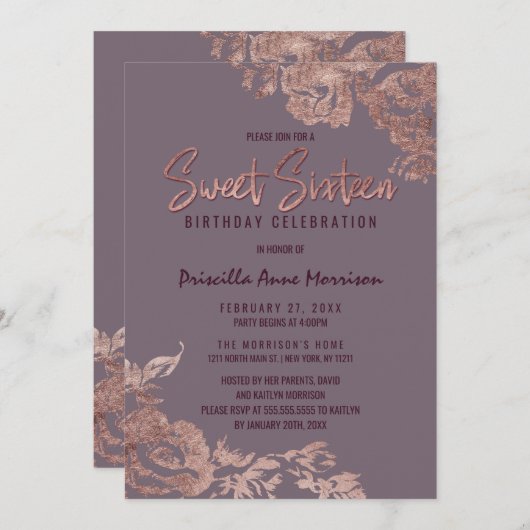 Elegantes Rosen-Goldlila malvenfarbener mit Einladung (Vorne/Hinten)