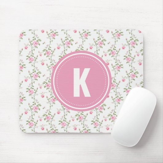 Elegantes Rosenblumen-Muster-Monogramm Mousepad (Mit Mouse)