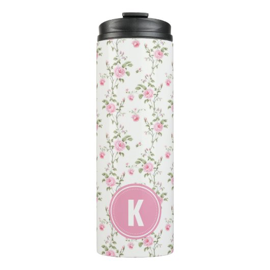 Elegantes Rosenblumen-Muster-Monogramm Thermosbecher (Vorderseite)