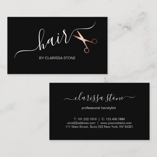 Elegantes Rosengold u. Schwarzscheren Hairstylist Visitenkarte (Vorne/Hinten)