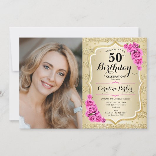 Elegantes Rosenrosen Foto 50. Geburtstag Einladung (Vorderseite)