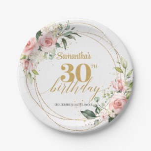 Elegantes Rosenrot Rosen Grün Gold 30. Geburtstag Pappteller