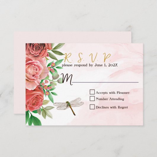 Elegantes Roses & Dragonflies Hochzeit RSVP (Vorne/Hinten)