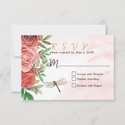 Elegantes Roses & Dragonflies Hochzeit RSVP Karte (Vorderseite)