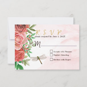 Elegantes Roses & Dragonflies Hochzeit RSVP Karte