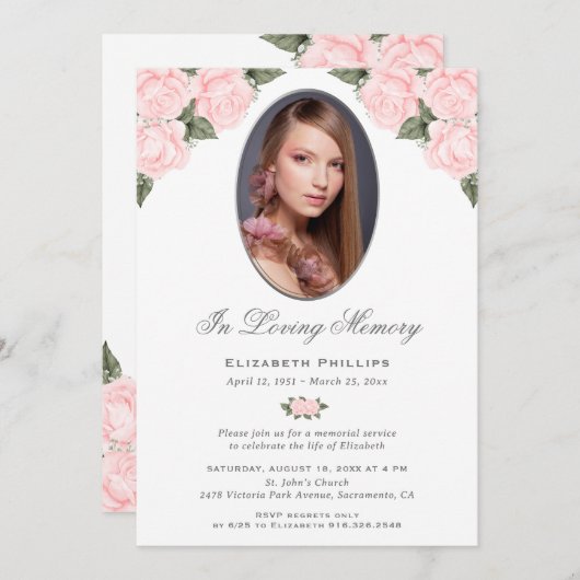 Elegantes Roses Foto Gedenkfeier Beerdigung Einladung (Vorne/Hinten)
