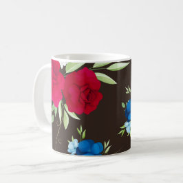 Elegantes rot-blaues Blumenmuster auf dunklem Brau Kaffeetasse