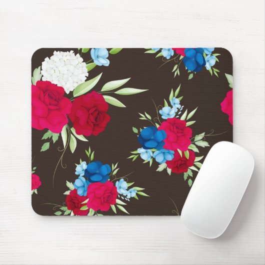 Elegantes rot-blaues Blumenmuster auf dunklem Brau Mousepad (Mit Mouse)