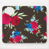 Elegantes rot-blaues Blumenmuster auf dunklem Brau Mousepad (Vorne)