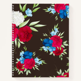 Elegantes rot-blaues Blumenmuster auf dunklem Brau Notizblock