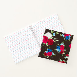 Elegantes rot-blaues Blumenmuster auf dunklem Brau Notizblock