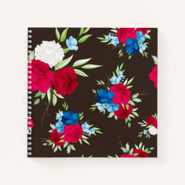Elegantes rot-blaues Blumenmuster auf dunklem Brau Notizblock