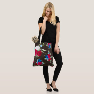 Elegantes rot-blaues Blumenmuster auf dunklem Brau Tasche
