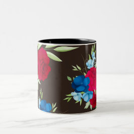 Elegantes rot-blaues Blumenmuster auf dunklem Brau Zweifarbige Tasse