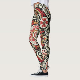 Elegantes Rot & Gold bestickt Frauen Leggings