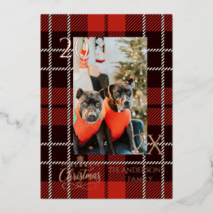 Elegantes Rot-Gold-Büffel-Karo-Weihnachts- Folien Feiertagskarte