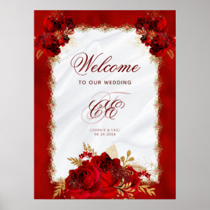 Elegantes Rot-Gold-Floral-Hochzeitsmonogramm Poster